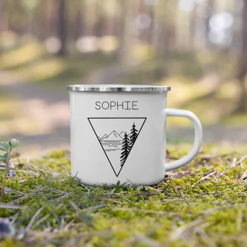 Miniatura 5 de Taza de campamento esmaltada personalizada. Tazas de café de cerámica personalizadas para campamento y senderismo, regalo de San Valentín