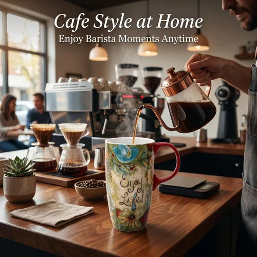 Miniatura 2 de CEDAR HOME Taza de Café de Cerámica de Porcelana con Tapa para Lata de Té 17oz. Disfruta de la Vida