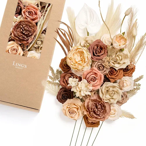 Miniatura 19 de Ling's moment Caja de Flores Falsas, Tallos de Vegetación Artificial Falsa Rosas de Espuma Dalia Hortensia de Seda Peonía Flor de Tela para Centros