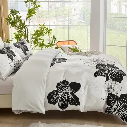 Miniatura 3 de DJY - Juego de funda de edredón de 3 piezas, tamaño queen, negro y blanco con patrón floral, elegante funda de edredón boho floral con 2 fundas