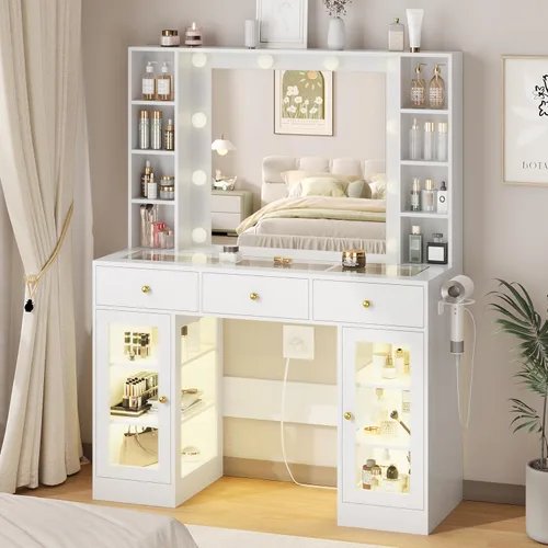 Miniatura 12 de HUANLEGO Tocador Negro con Espejo y Luces, Tocador con Superficie de Cristal con Espejo Iluminado y Gabinete de Vidrio RGB y 3 Cajones, Tocador
