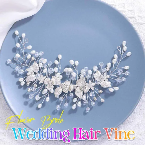 Miniatura 2 de Flower Bride Wedding Hair Vine - Tocado de novia de hoja de plata, accesorios para el cabello de perlas para mujeres y novias