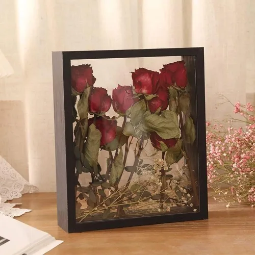 Miniatura 5 de XIYUAN Soporte de exhibición de flores secas de madera, marco de fotos decorativo flotante, transparente de doble cara, recuerdo de escritorio