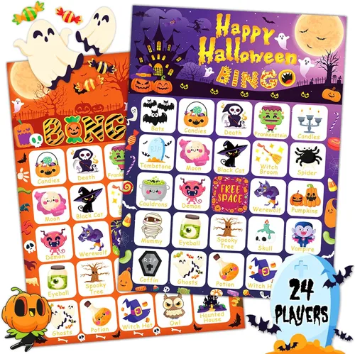 Tarjetas de bingo de Halloween de MonEnfance, juego de bingo de Halloween para 24 jugadores para niños y adultos con pegatinas divertidas, lindo