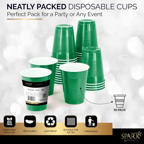 Miniatura 5 de Amcrate Vasos desechables, vasos de plástico verdes de 18 onzas, fuertes y resistentes para bodas, Navidad, Halloween, paquete de 50