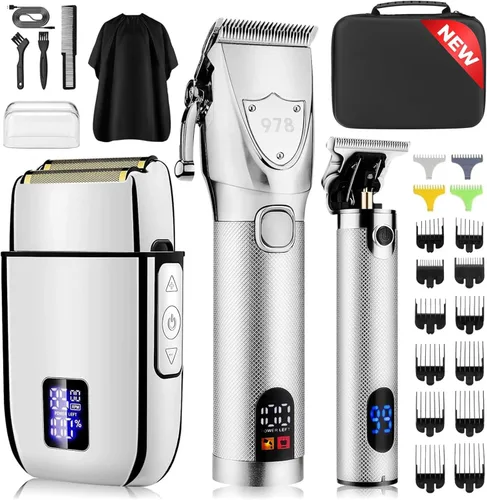Suttik Juego de cortapelos profesional para hombres, afeitadoras eléctricas de aluminio para hombres, kit de peluquería y recortadora con estuche de