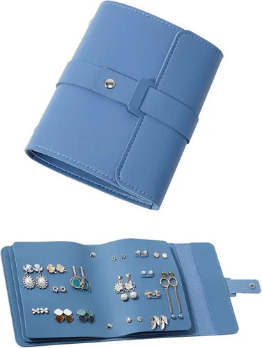 Organizador de aretes con diseño de libro plegable, organizador de libros de aretes, estuche portátil de cuero sintético para aretes de viaje (azul)