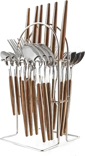 Miniatura 9 de Juego de cubiertos de 24 piezas de mango de madera, juego de cubiertos de acero inoxidable de madera, cuchillo de cena, tenedor, cucharadita