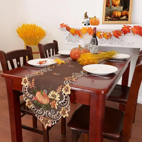 Miniatura 7 de Caminos de mesa bordados marrones de cosecha de Acción de Gracias para decoraciones de otoño u otoño (14 x 34 pulgadas)