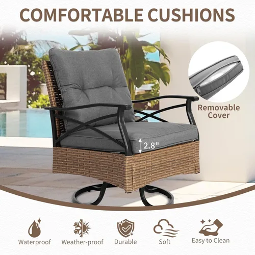 Miniatura 4 de HOMEFUN Juego de 3 piezas para patio giratorio para exteriores, juego de mimbre con mecedoras de 360°, cojines gruesos y fundas extraíbles, mesa