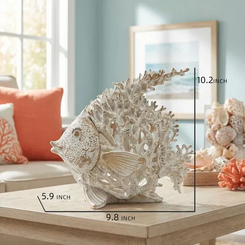 Estatua de pez ángel de arrecife de coral blanco, decoración costera de playa, figura náutica del océano para baño, hogar, oficina, estante de mesa,