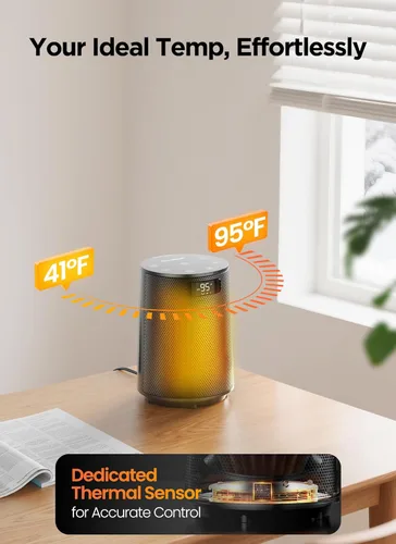 Miniatura 3 de GiveBest Calentador de espacio, calentadores eléctricos portátiles para uso en interiores con termostato y control remoto, oscilación de 70°, Gris