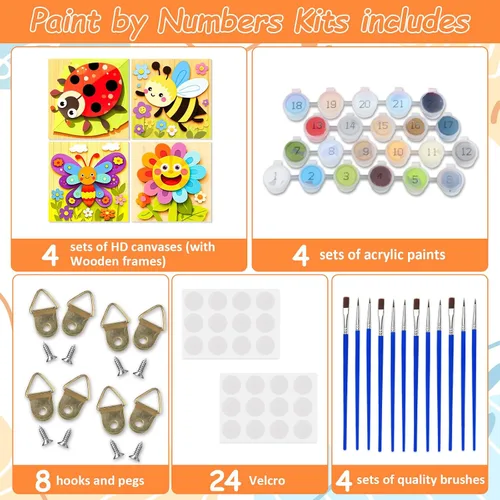 Miniatura 7 de EOBROMD Paquete de 4 kits de pintura enmarcada por números para niños, kits de pintura de insectos para niños de 4 a 8 a 12 años, pintura sobre