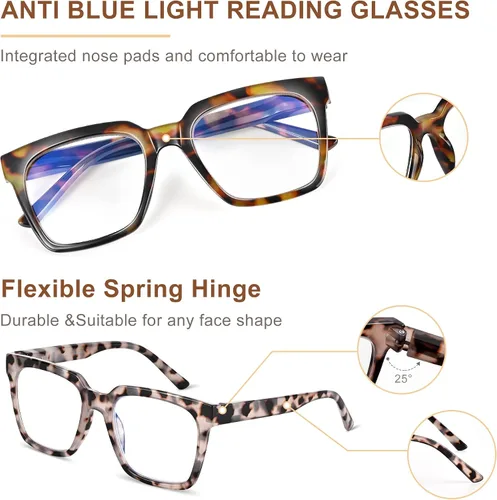 Miniatura 4 de EASY READ 3 pares de anteojos de lectura para mujer, cuadrados, con bloqueo de luz azul anti UV, lectores de computadora con bisagra de resorte