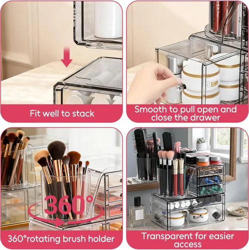 Miniatura 5 de ShineMe Organizador de maquillaje acrílico, organizador de cosméticos apilable de 2 niveles para tocador con soporte giratorio de 360° para brochas