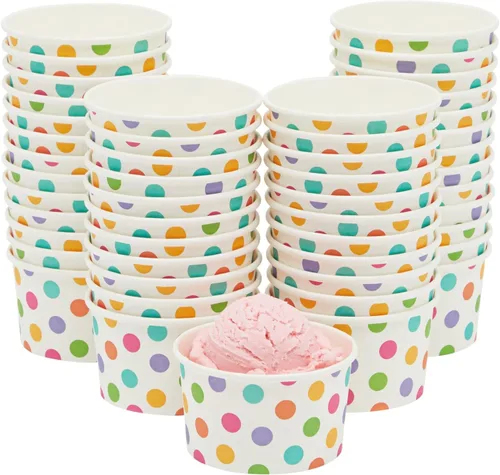 Miniatura 8 de BLUE PANDA Vasos de papel para helado, 50 unidades, diseño de lunares arcoíris, desechables para helados y aperitivos, cuencos de helado, tazas