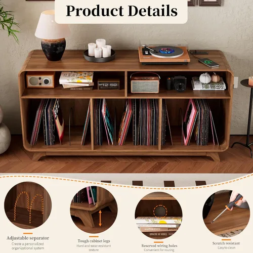 Miniatura 4 de Soporte para tocadiscos con armario de almacenamiento de vinilo con estación de carga y puertos USB, mesa giratoria con capacidad para hasta 350