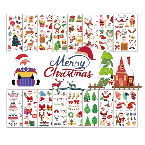 Tatuajes temporales de Navidad, 16 hojas de calcomanías de tatuaje de Papá Noel, tatuaje falso, cara de muñeco de nieve, calcomanías de maquillaje,