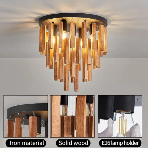 Miniatura 5 de Lámparas de techo semiempotradas de 3 luces, lámpara de madera bohemia, lámpara de techo de roble y negro con E26 para cocina, sala de estar