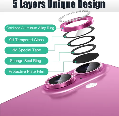 Miniatura 7 de AGVEE Paquete de 6 protectores de lente de cámara para iPhone 16 de 6.1 pulgadas/16 Plus de 6.7 pulgadas, anillo de metal con purpurina brillante