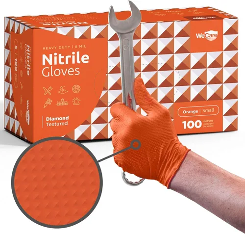 WECARE Guantes de nitrilo de 8 mil, guantes de mecánico resistentes, con agarre de diamante, guantes desechables sin polvo ni látex Naranja