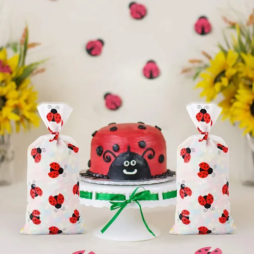 Miniatura 6 de Lecpeting 100 bolsas de golosinas de mariquita y celofán, bolsas de dulces de mariquita con lazos giratorios para suministros de fiesta