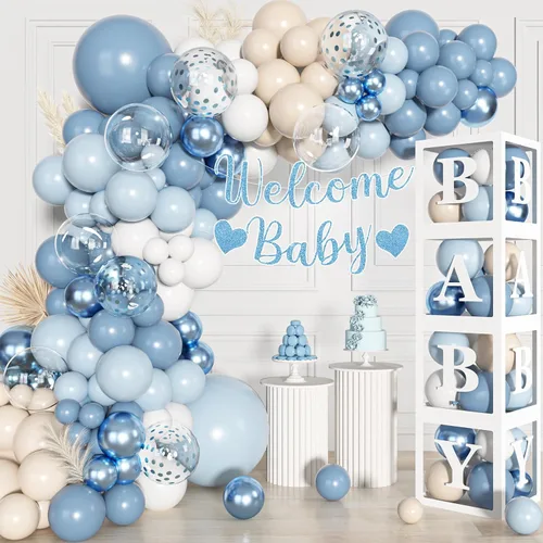 Miniatura 4 de 153pcs Dusty Blue Balloon Baby Shower Decorations for Boy Blue White Sand Balloon Arch Kit Baby Boxes with Letter Welcome Baby Banner for Wedding