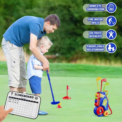 Miniatura 7 de HYES Juego de Golf para Niños Pequeños de 2-4 Años, Club de Golf para Niños con 8 Pelotas, 4 Palos de Plástico, Tapete de Putting, Marcador, Bolsa