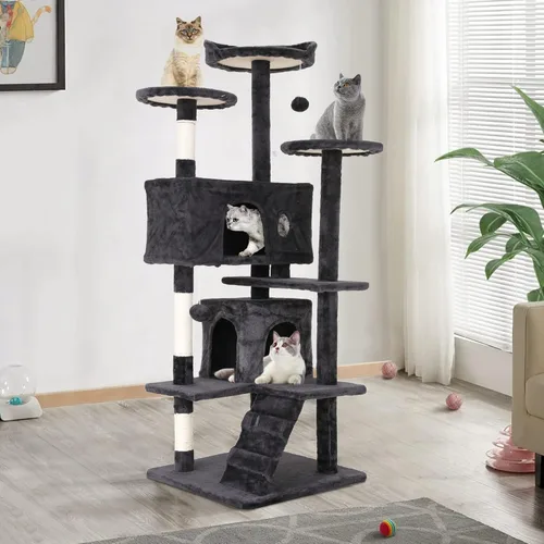 Miniatura 13 de Árbol para gatos resistente con torre de 70 pulgadas de alto, 3 perchas y 2 condominios acogedores, poste de sisal y escaleras para gatos grandes
