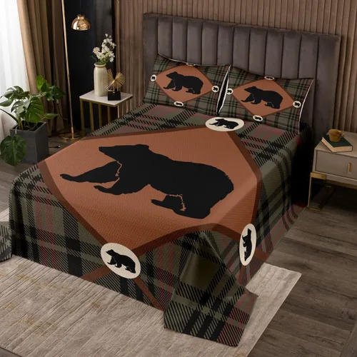 Feelyou Juego de colcha acolchada con diseño de oso para niños y adolescentes, diseño de oso rústico, transpirable, a cuadros de búfalo, color verde
