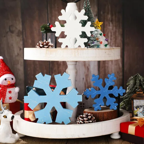 Miniatura 5 de Bucherry 3 Piezas Decoración de Copos de Nieve de Madera de Invierno Letreros de Mesa de Copos de Nieve de Invierno Rústicos Bloques de Madera