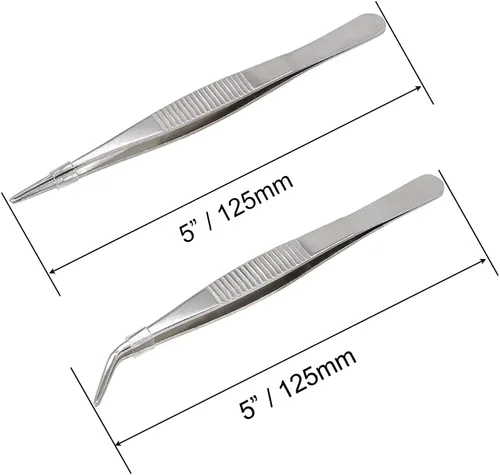 Miniatura 2 de Pinzas de acero inoxidable de 5 pulgadas con punta dentada recta y curvada, pinzas multiusos para reparación de manualidades, paquete de 2