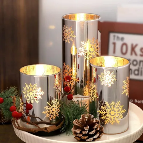 Miniatura 2 de Velas LED sin llama de copo de nieve con control remoto y temporizador, velas de vidrio electrochapado operadas por batería, velas LED parpadeantes