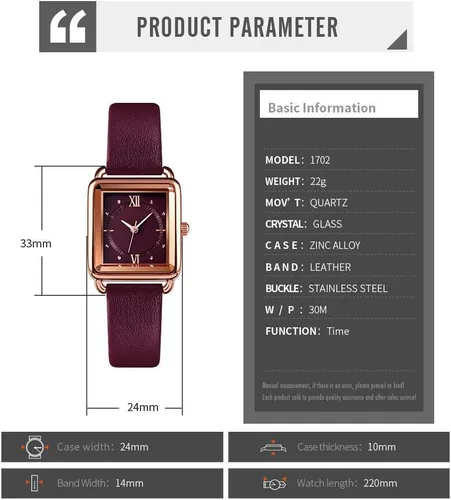 Miniatura 3 de carlien Reloj de cuarzo para mujer, elegante, rectangular, con correa de cuero y corona de zafiro