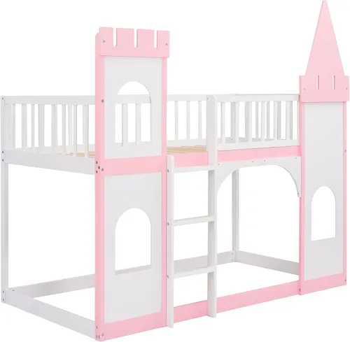 Miniatura 7 de DEINPPA Litera individual, marco de cama individual sobre individual, cama alta de madera con forma de castillo con escalera de barandilla
