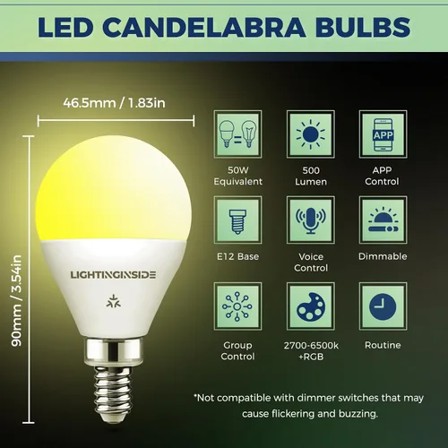 Miniatura 5 de Lightinginside Matter E12 Bombillas Inteligentes 50W Equivalente 5W 550LM, Compatible con Alexa/Siri/Apple Home/Google Home/SmartThings, Bombilla