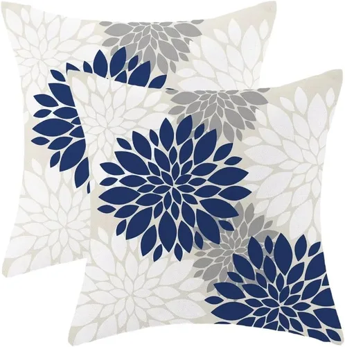 BETGINY Juego de 2 fundas de almohada de flores de Dahlias de 20 x 20 pulgadas, color azul marino, blanco y gris, fundas decorativas de lino moderno
