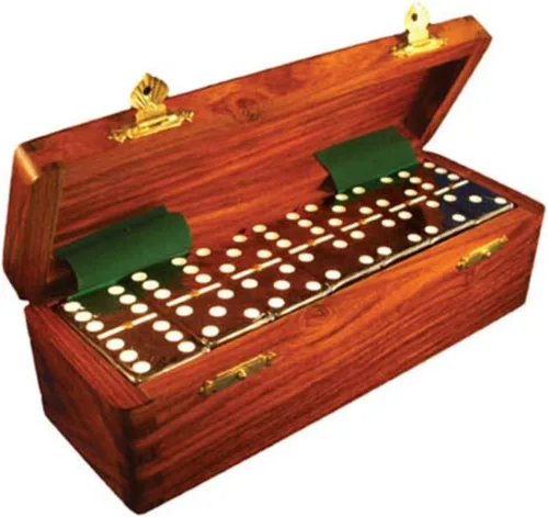 Marion Dominó Doble Seis Negro Jumbo Tamaño Profesional de Torneo con Giradores en Caja de Madera Sheesham de Cola de Milano.