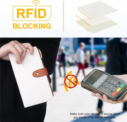 Miniatura 3 de Travelambo Billeteras de cuero para mujer, delgada, con bloqueo RFID, billetera plegable para tarjetas de crédito, Marrón beige