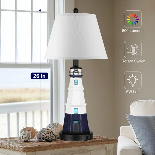 Miniatura 2 de WIHTU Juego de 2 lámparas de mesa modernas de faro, lámpara de mesa náutica blanca y azul marino, luces de lectura de resina de estilo náutico