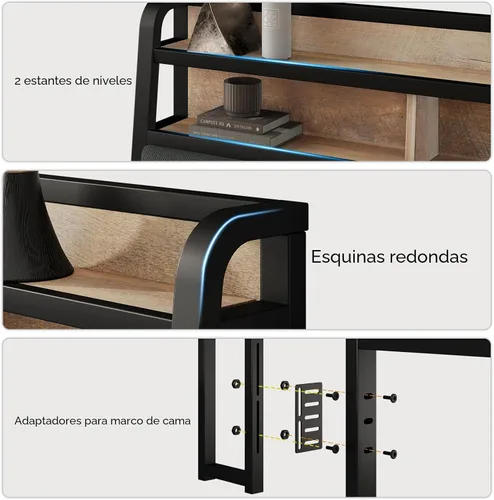 Miniatura 6 de Cabecera completa solo con almacenamiento, cabeceros tapizados para cama de tamaño matrimonial con luz LED, estación de carga, altura ajustable