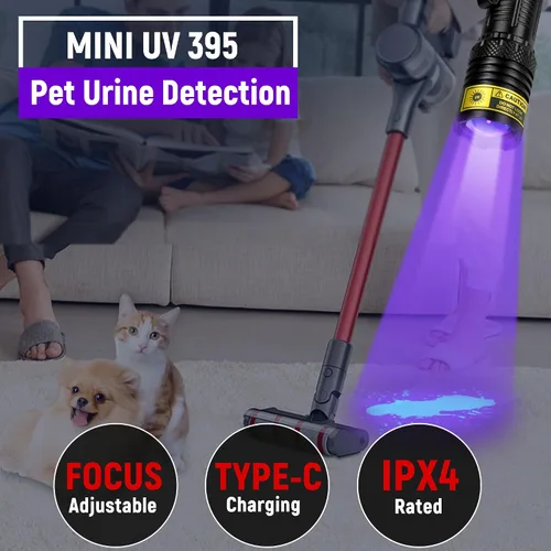 Miniatura 2 de DARKDAWN Linterna UV de 395 nm, luz negra, mini USB, recargable, luz ultravioleta, LED, lámpara de madera, potente detector portátil para manchas