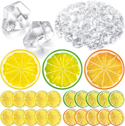 Miniatura 3 de 300 cubos de hielo triturados falsos transparentes y 20 rodajas de limón de simulación, frutas artificiales y diamantes acrílicos, hielo