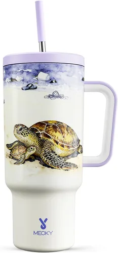 Miniatura 20 de Meoky Vaso de 40 onzas que brilla en la oscuridad con asa y popote, vaso con tapa y pajita, vaso aislado de acero inoxidable para viaje, 100% a
