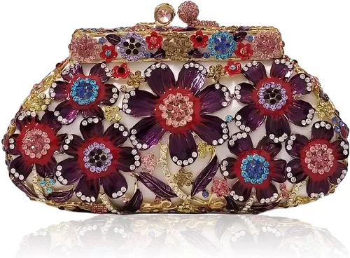 Elegante bolso de noche de cristal floral multicolor con diamantes de imitación de flor vintage bolso de cóctel de boda, Púrpura