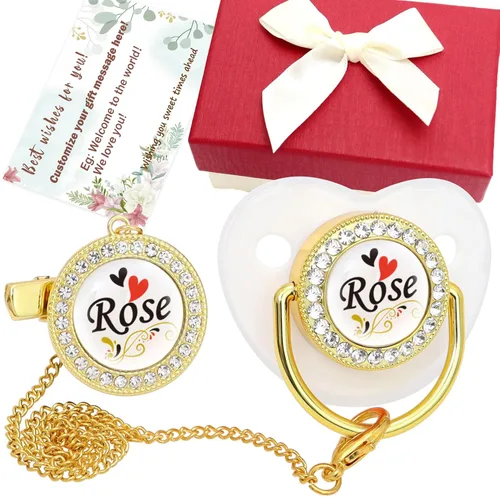 Miniatura 9 de Juego de chupete personalizado con nombre, sin BPA, dorado, plateado, rosa, oro rosa, lujoso, regalo ideal para recién nacidos (plateado)