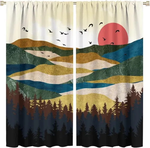 Miniatura 21 de Cortinas opacas con bolsillo para cortinero de montaña forestal, para sala de estar, oscurecimiento de la habitación, estilo japonés, paisaje