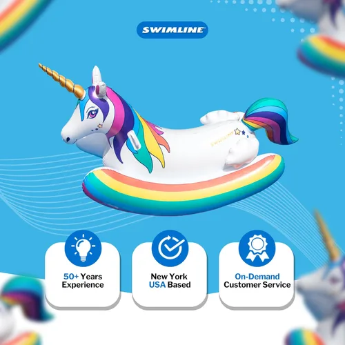 Miniatura 8 de SWIMLINE Juguete flotante original de unicornio arcoíris mecedora para piscina, con asas fáciles de agarrar y refuerzos laterales estabilizadores