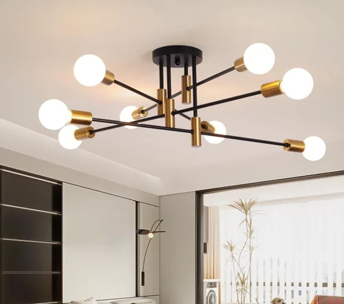 Miniatura 16 de Garwarm Paquete de 2 lámparas de techo Sputnik de montaje industrial semiempotrado de 4 luces, lámpara Sputnik moderna negra y dorada para porche