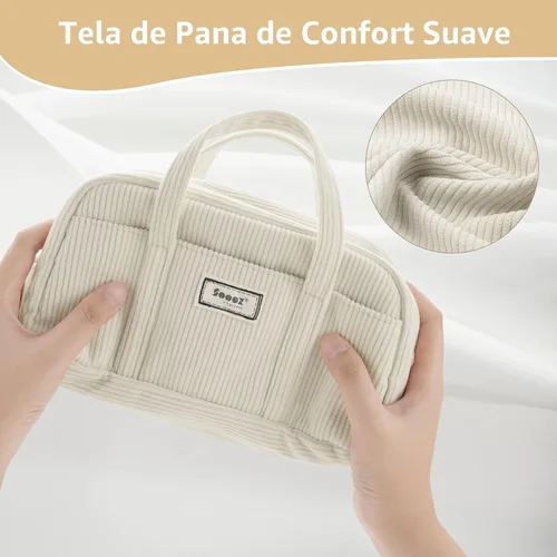 Miniatura 2 de Sooez Estuche grande para lápices, extra grande con 5 compartimentos, bolsa para bolígrafos de amplia apertura, organizador de pana suave con Beige